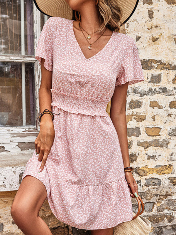 Floral Dress Pink Casual V-Neck Ruffle Dress