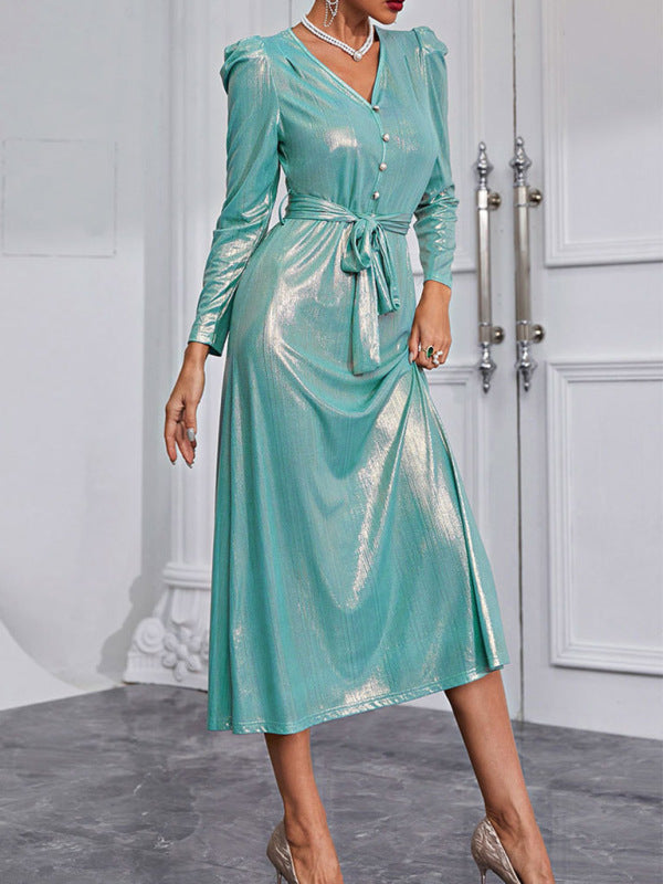 Women’s Long Sleeve V Neck Maxi Dress With Faux Center Front Buttons