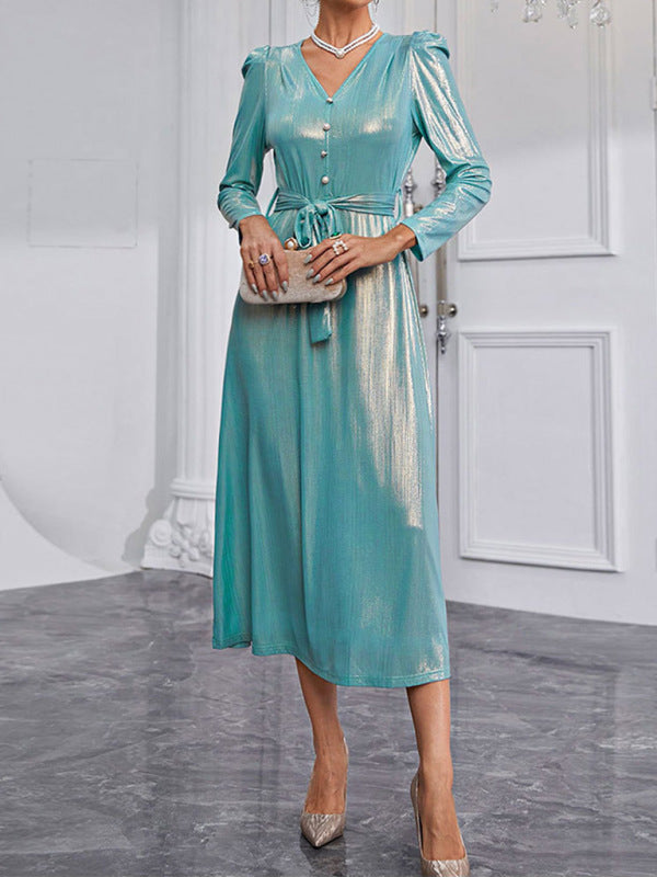 Women’s Long Sleeve V Neck Maxi Dress With Faux Center Front Buttons