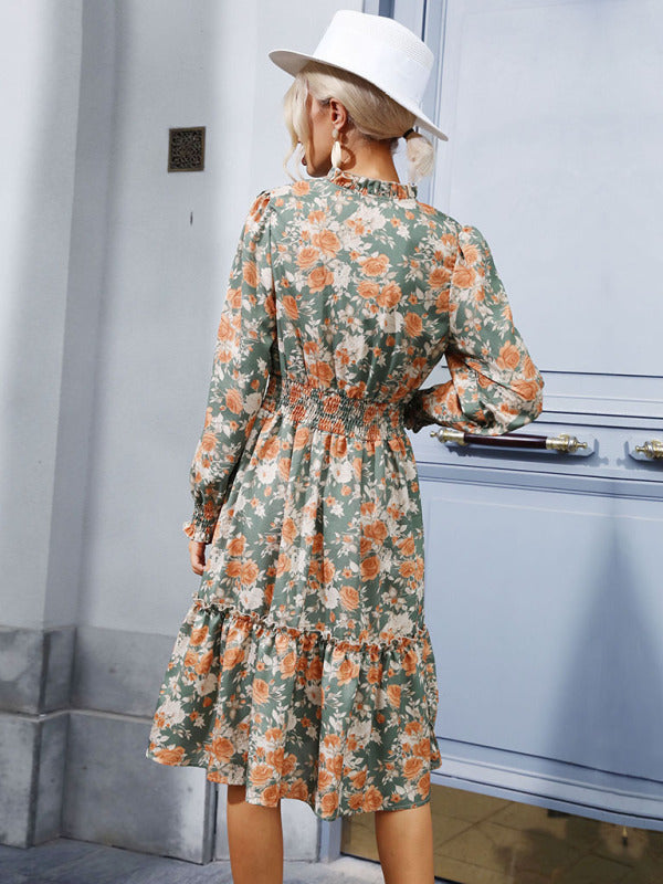 Women's temperament ruffle print retro long-sleeved dress