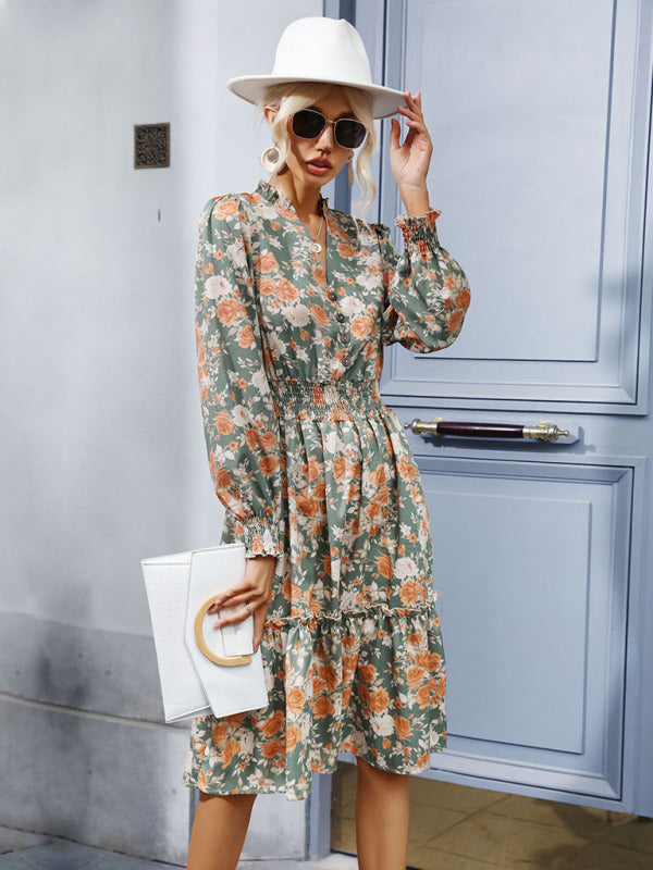 Women's temperament ruffle print retro long-sleeved dress