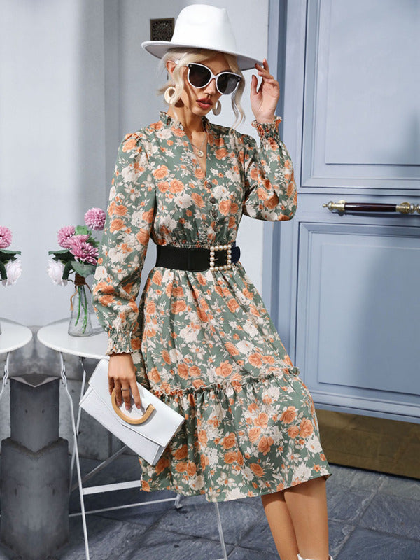 Women's temperament ruffle print retro long-sleeved dress