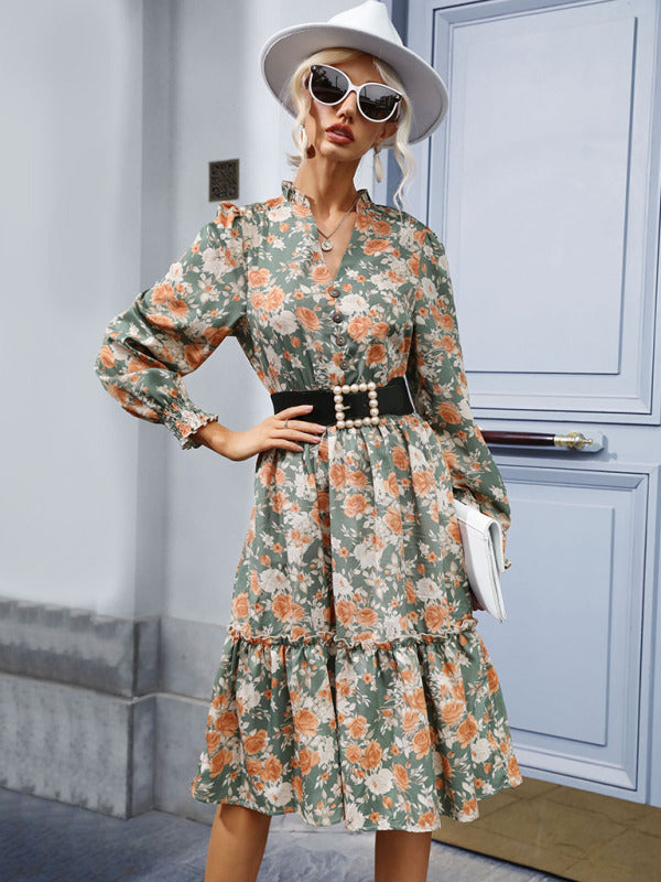 Women's temperament ruffle print retro long-sleeved dress