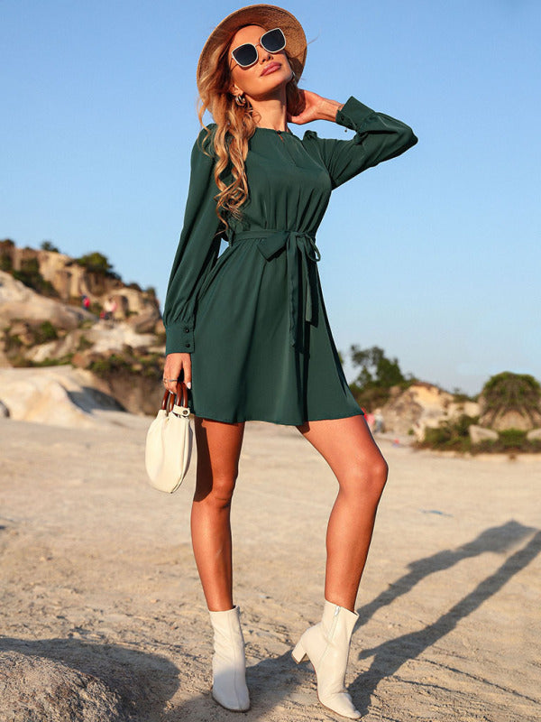 Women's lace-up green dress short dress