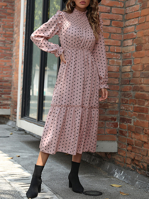 Women’s Polka Dot Smocked Long Sleeve Ruffle Neckline Tiered Skirt Dress