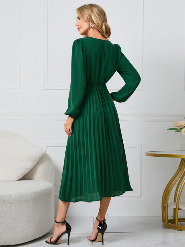 Women’s V Neck Faux-wrap Styling With Belt At Waist Maxi Pleated Long Sleeve Dress