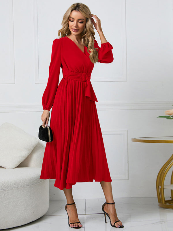Women’s V Neck Faux-wrap Styling With Belt At Waist Maxi Pleated Long Sleeve Dress
