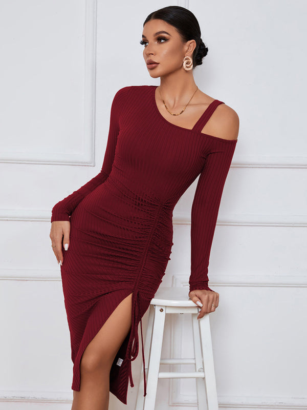 Women’s Long Sleeve Off The Shoulder Neckline Dress With Extra Strap And Front Thigh Leg Slit