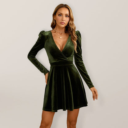Women’s Faux Wrap V Neckline Puff Long Sleeve A Line Velvet Mini Dress