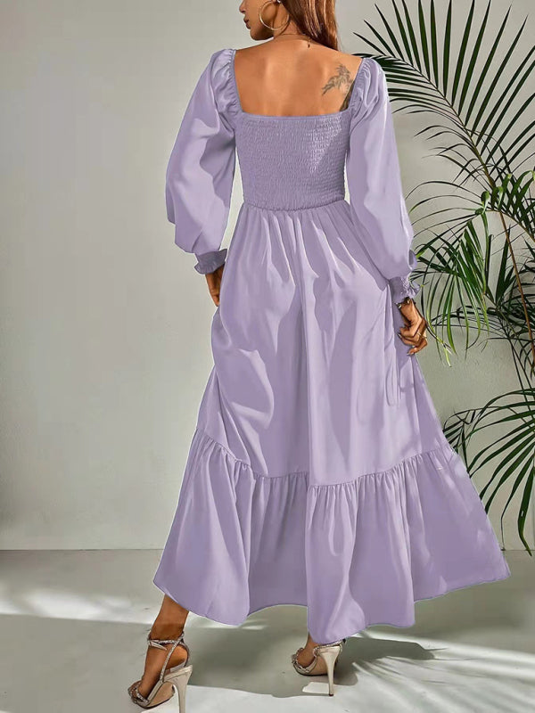 Women's Solid Color Smocked Long Sleeve Tiered Maxi Dress