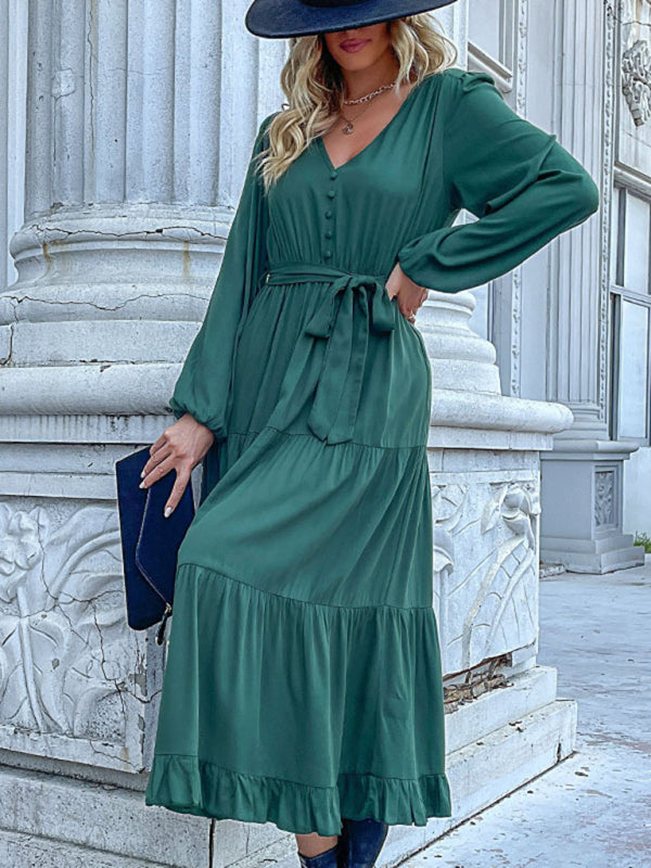 Women's Solid Color Long-sleeve Maxi Dress With A Button Front And A Tie Waist