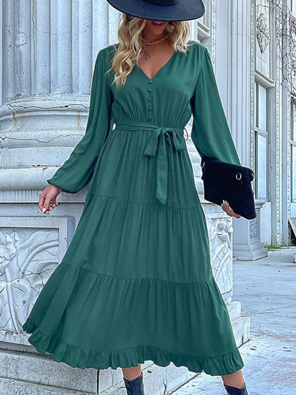 Women's Solid Color Long-sleeve Maxi Dress With A Button Front And A Tie Waist