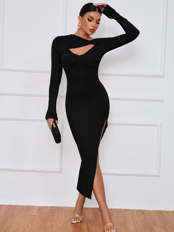 Women's Solid Color Twist Cutout High Slit Maxi Dress