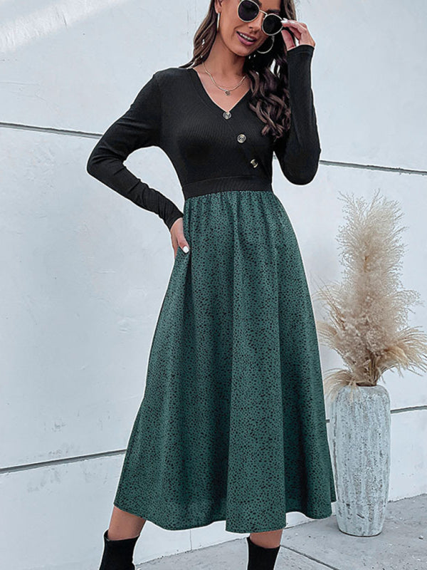 Women's Solid Color Long Sleeve Faux Wrap A-line Polka Dot Skirt Midi Dress