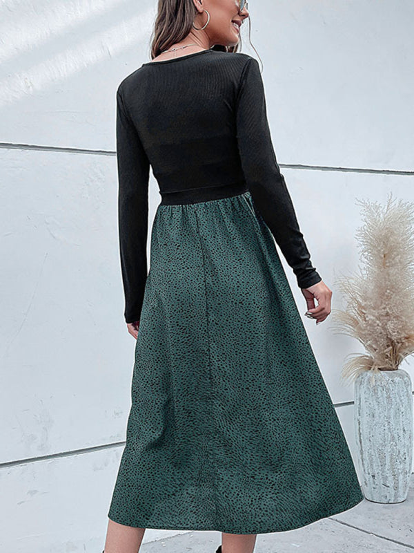 Women's Solid Color Long Sleeve Faux Wrap A-line Polka Dot Skirt Midi Dress