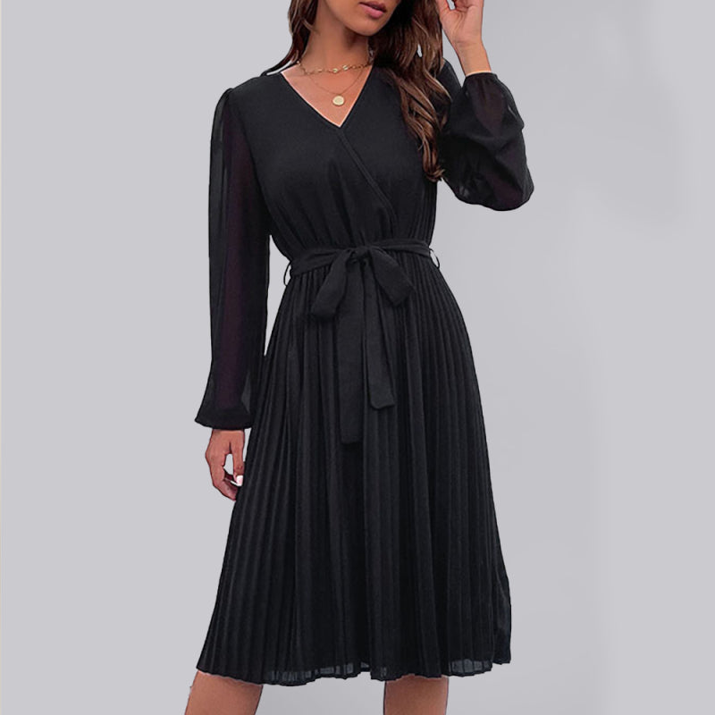 Women's Solid Color Pleated Long Sleeve Faux Wrap Dress