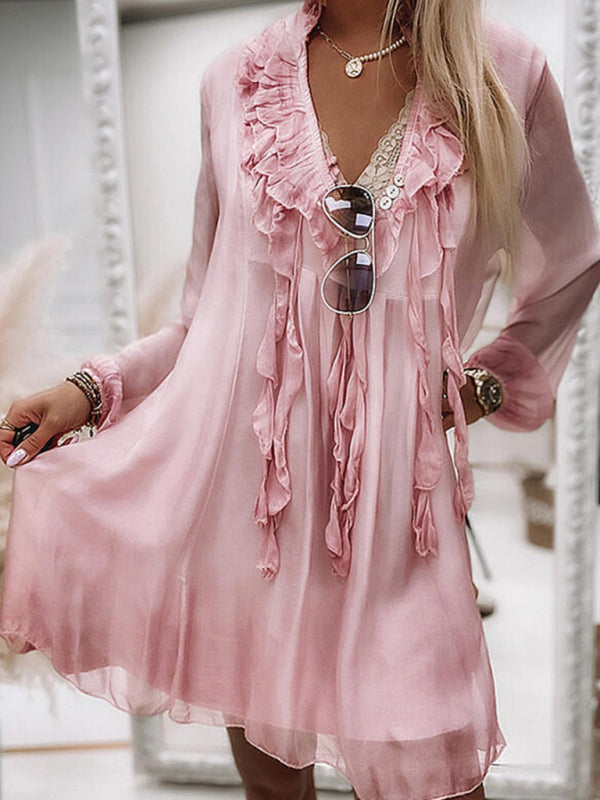 Women's solid color ruffled long sleeve dress