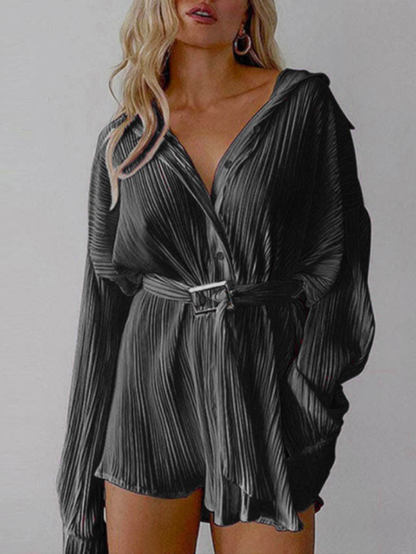 Pleated Long Sleeve Belted Shirt Casual Fashion Dress