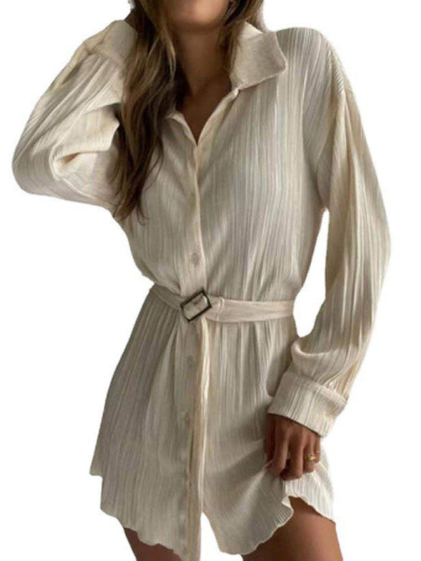 Pleated Long Sleeve Belted Shirt Casual Fashion Dress
