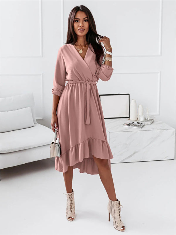 Women's Solid Ruffle Elegant Long Sleeve Dress