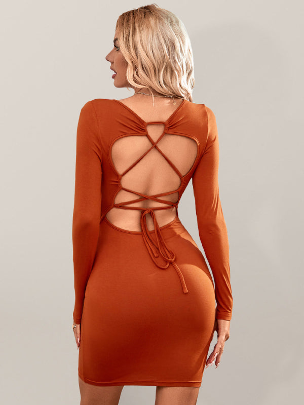 Women's Knitted Square Neck Sexy Backless Tie Long Sleeve Dress