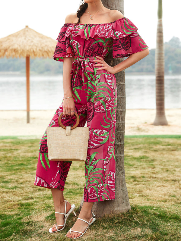 Women's woven one-shoulder chiffon floral resort jumpsuit