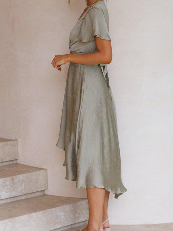 Summer sexy temperament women's short-sleeved V-neck irregular skirt dress