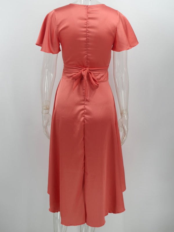 Summer sexy temperament women's short-sleeved V-neck irregular skirt dress