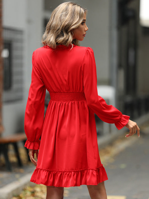 Women's Solid Color Long-sleeve V-neck Ruffle-hem Mini Dress