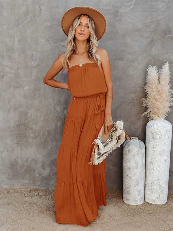 Women's Tube Top Lace Stitching Sexy Backless Long Dress