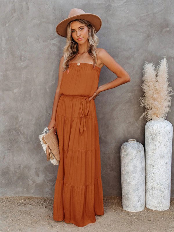 Women's Tube Top Lace Stitching Sexy Backless Long Dress