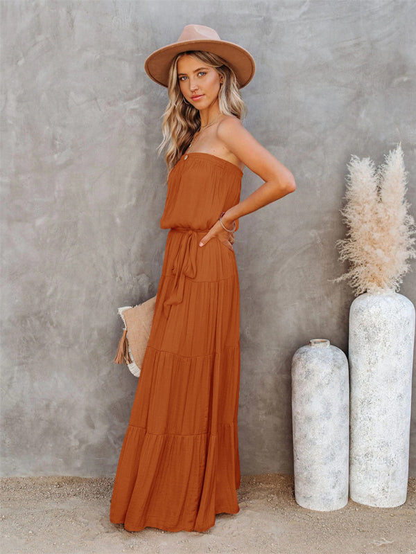Women's Tube Top Lace Stitching Sexy Backless Long Dress