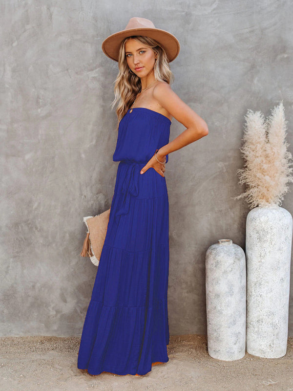 Women's Tube Top Lace Stitching Sexy Backless Long Dress