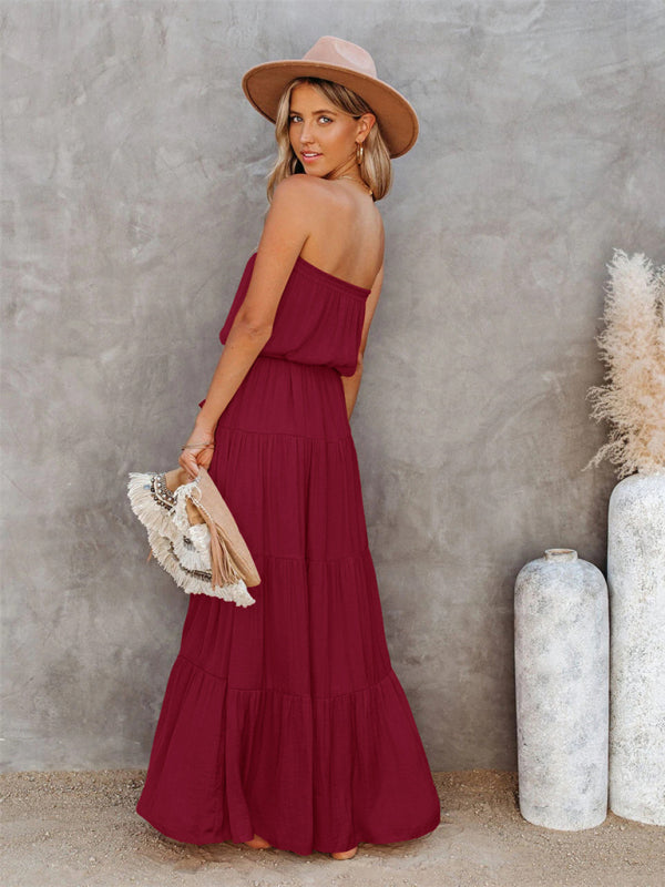 Women's Tube Top Lace Stitching Sexy Backless Long Dress