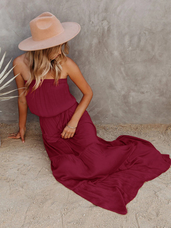 Women's Tube Top Lace Stitching Sexy Backless Long Dress