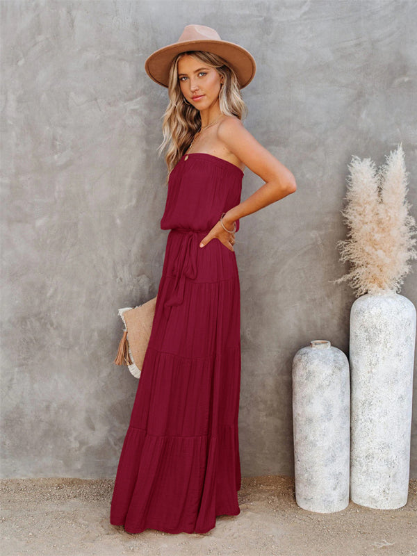 Women's Tube Top Lace Stitching Sexy Backless Long Dress