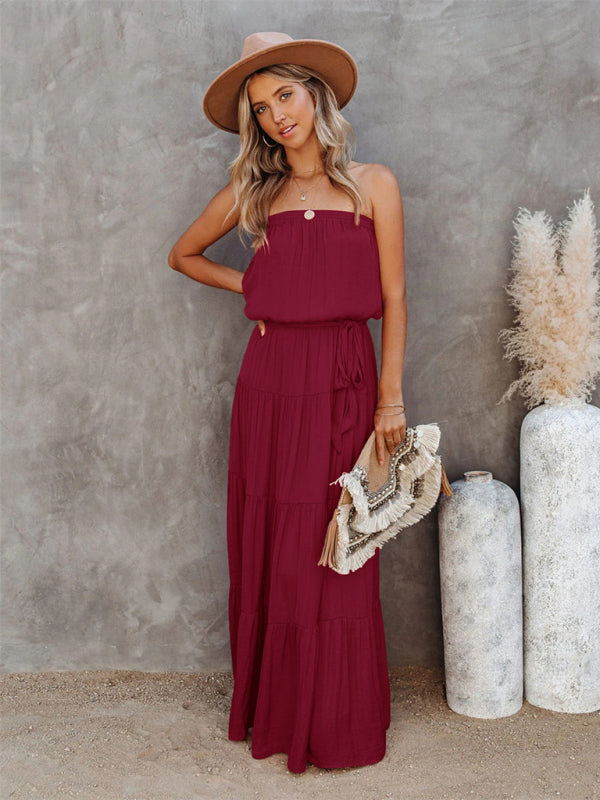 Women's Tube Top Lace Stitching Sexy Backless Long Dress