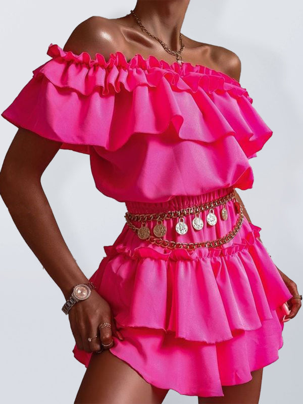 Women's Solid Color Shoulder Ruffle Mini Dress
