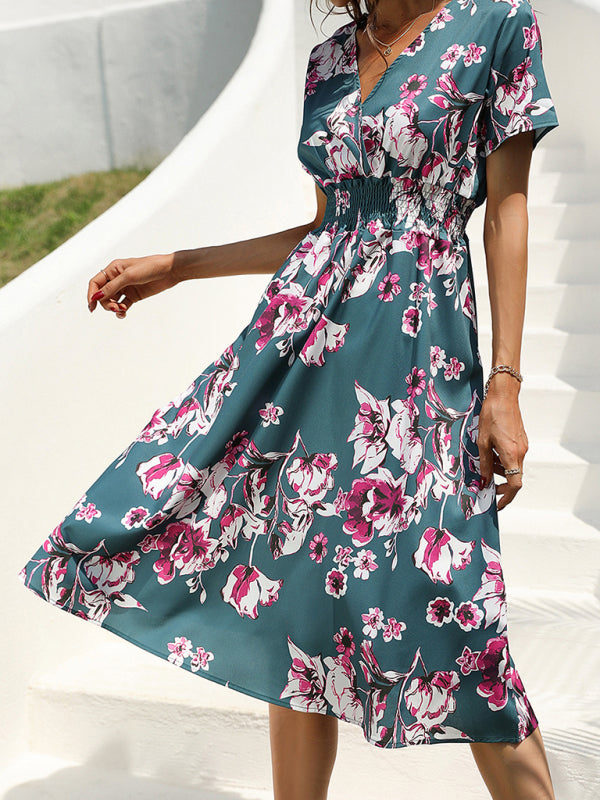 Summer new elegant casual vacation V-neck floral print short-sleeved dress