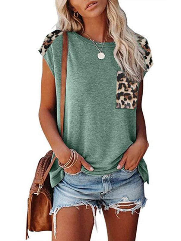 Round neck paneled leopard pocket raglan sleeve casual T-shirt