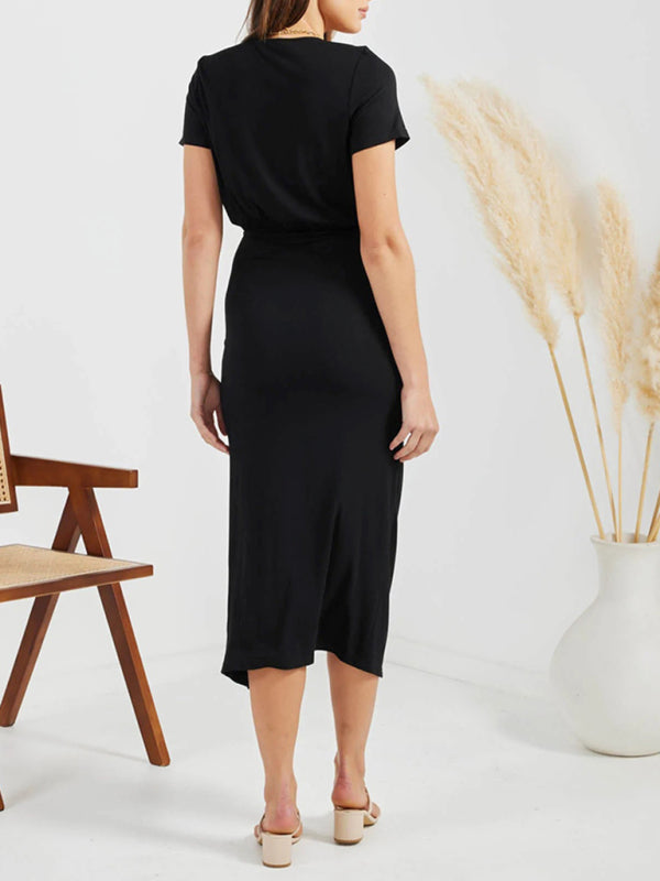 Women's Solid Color V Neck Short Sleeve Drawstring Slit Dress