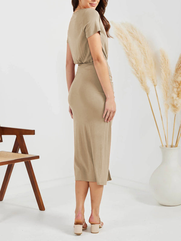 Women's Solid Color V Neck Short Sleeve Drawstring Slit Dress