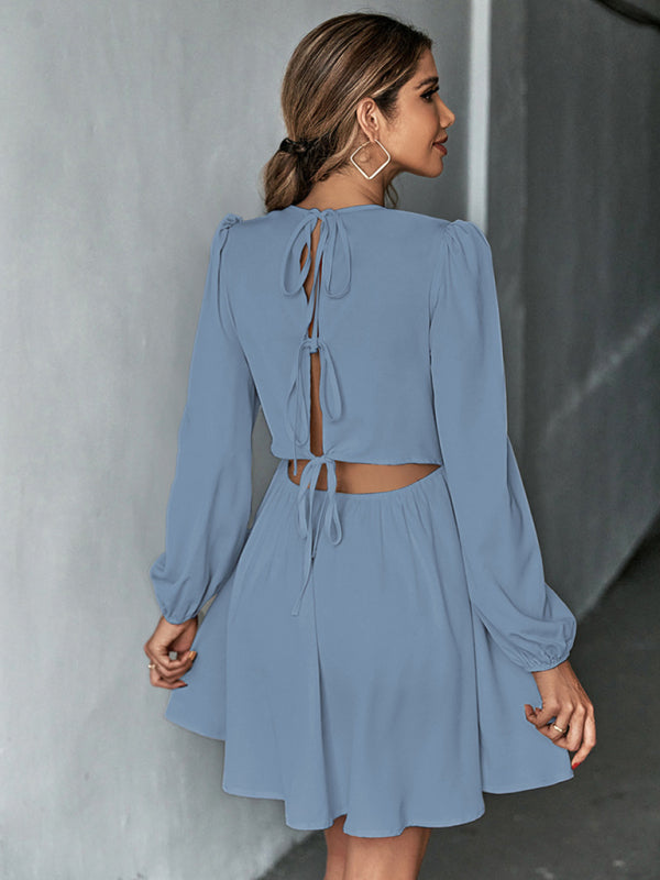 Women's Solid Color Lace-up Back Puff Long Sleeve Mini Dress