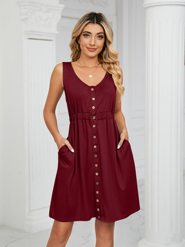 Women's Knitted Sleeveless Button Pocket Round Neck Slit Waist Dress