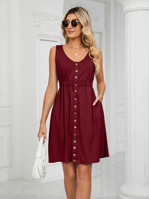 Women's Knitted Sleeveless Button Pocket Round Neck Slit Waist Dress