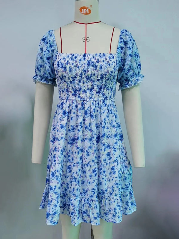 Women's Square Neck Floral Print Chiffon Short Sleeve Dress