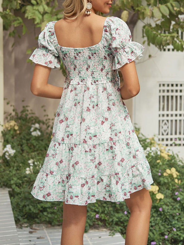 Women's Square Neck Floral Print Chiffon Short Sleeve Dress