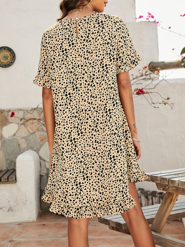 Women's Leopard Print Round Neck Short Sleeve Ruffle Dress