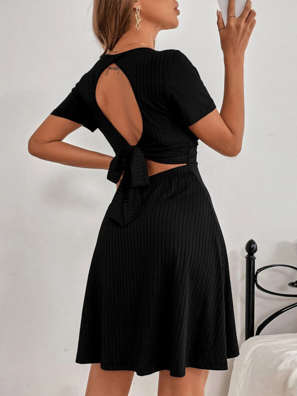 Women's Knitted Sexy Backless V-neck Ruffle Short Sleeve Dress