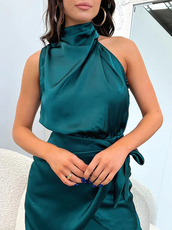 Women's Solid Color Wrap Front Satin Cocktail Dress